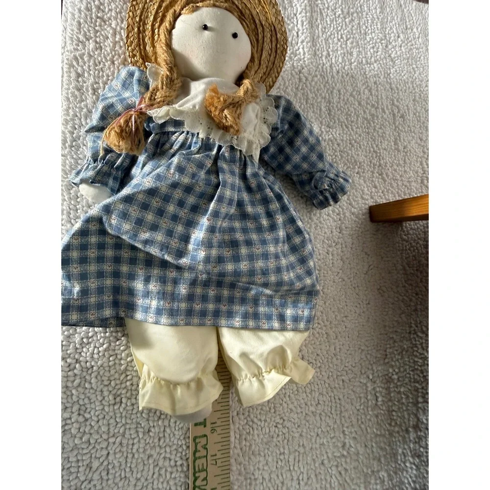 Vintage Rag Doll Set with Wooden Heart Bench Blue Plaid Farmhouse Decor 3pc